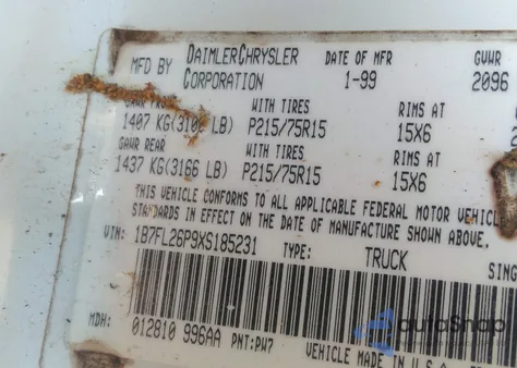 1999 Dodge Dakota из США, поврежденный, VIN 1B7FL26P9XS185231